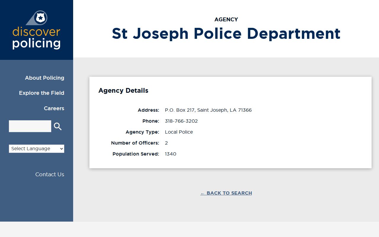 St. Joseph Police Department arrest-record agency directory for Tensas Parish